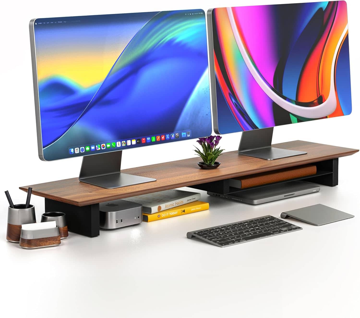 COREMINDED Solid Wood Dual Monitor Stand Walnut 42 inch