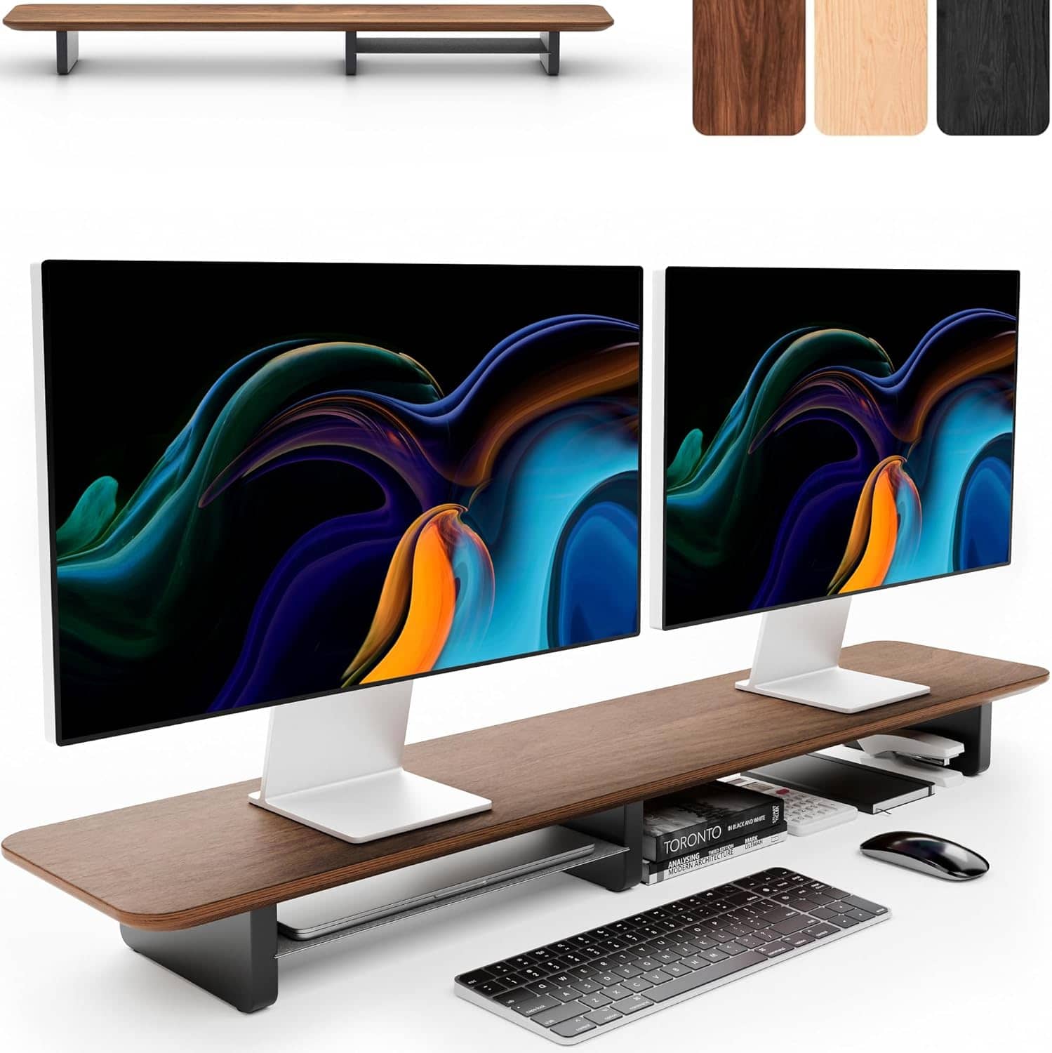 KIVY Dual Monitor Riser with Metal Shelf Wood