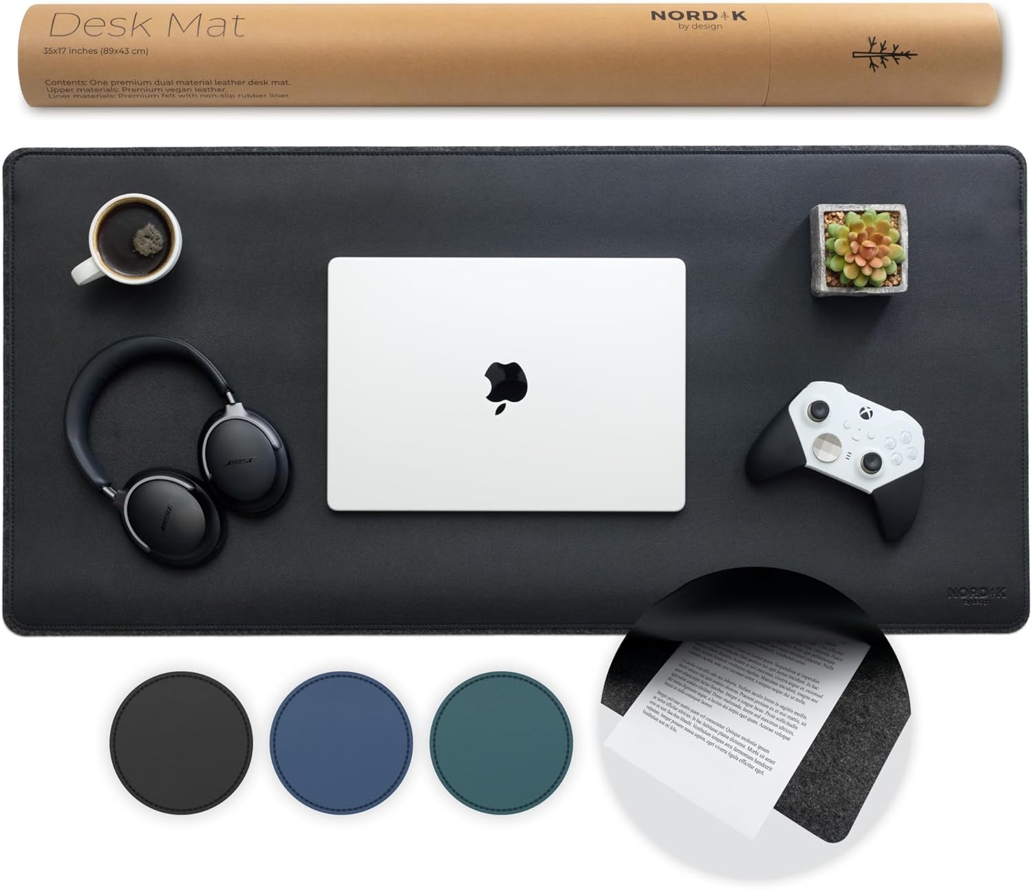 Nordik Felt and Leather Desk Mat Non-Slip - Black - 35 X 17 Inch - Felt and