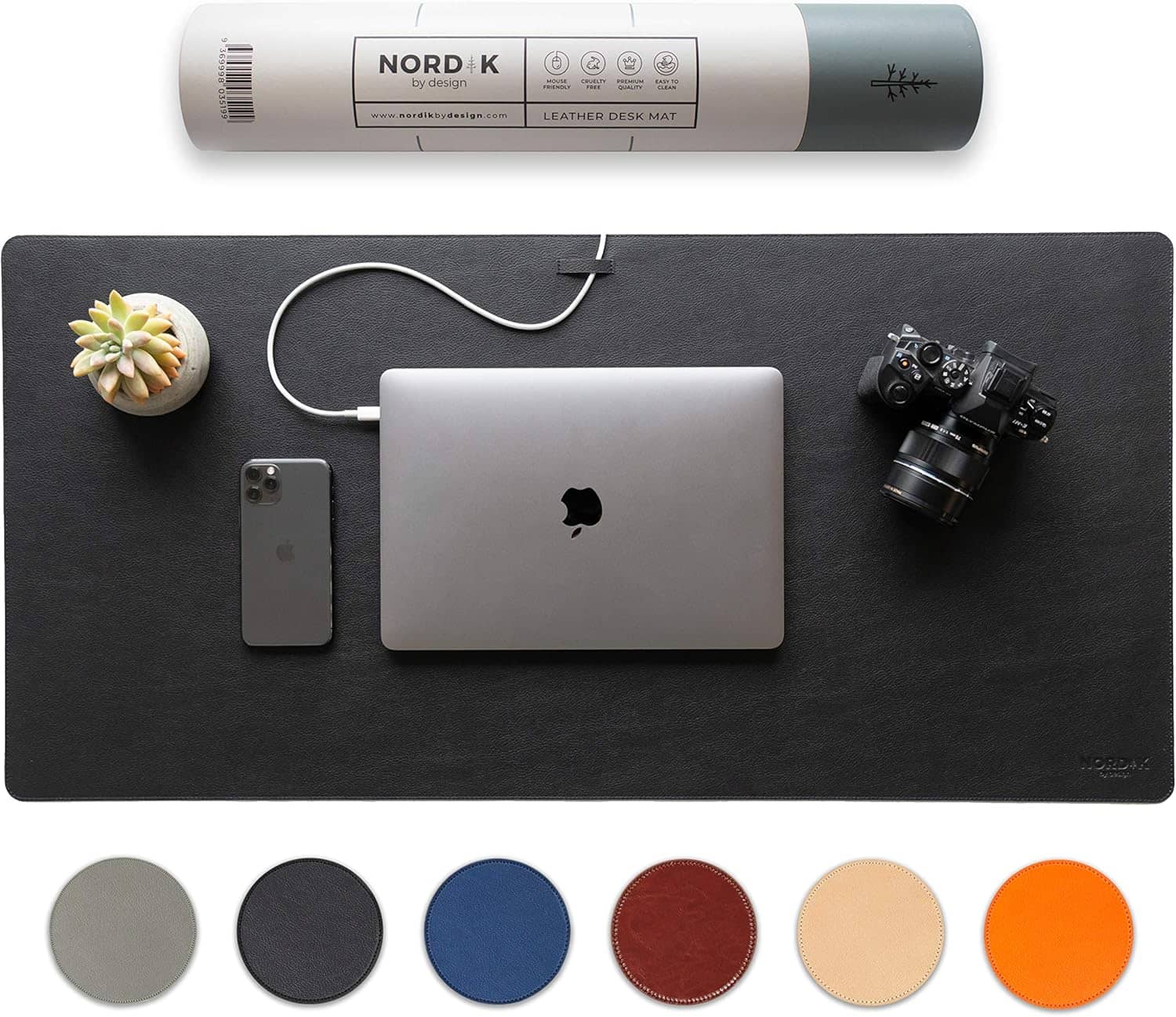 Nordik Leather Desk Mat Cable Organizer - Pebble Black 35 X 17 inch - Premium