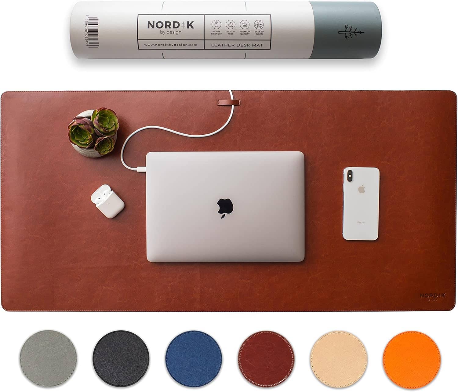 Nordik Leather Desk Mat - Whiskey Brown - 35 X 17 Inch - Felt Vegan Leather