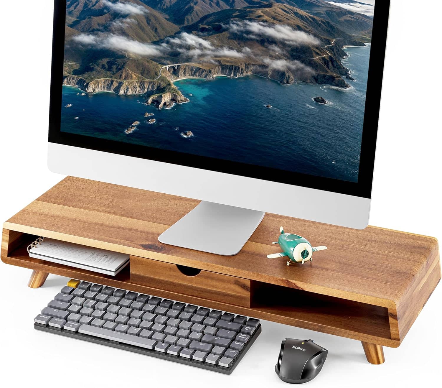 TINAMO Acacia Wood Monitor Stand with Drawer