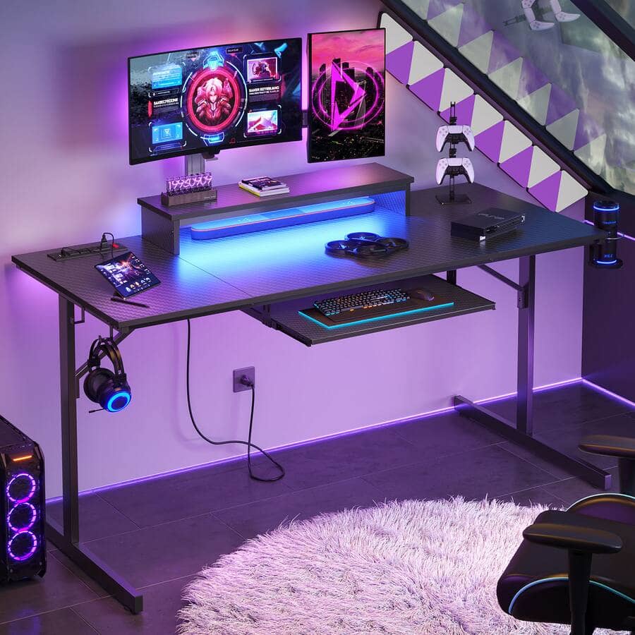 Bestier 63inch Gaming Desk with LED Lighting and Keyboard Tray - Black
