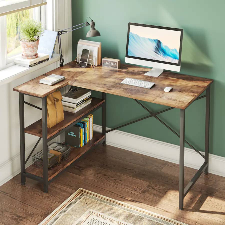 Bestier L-Shaped Corner Computer Desk with Storage Shelf - 48" Rustic Brown