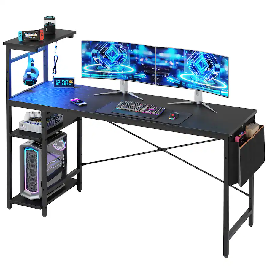Bestier Gaming Desk with LED Lights, Storage Shelves, and Side Bag - 61" Black