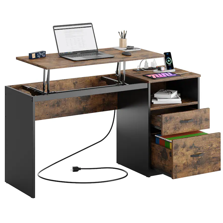 Bestier Lift Top Computer Desk with Power Outlet - Black