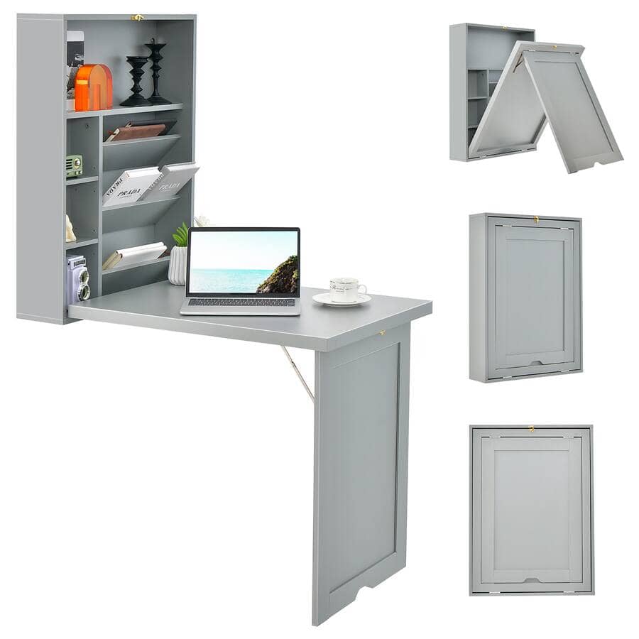 Costway Wall Mounted Computer Convertible Desk with Bookcases - Grey
