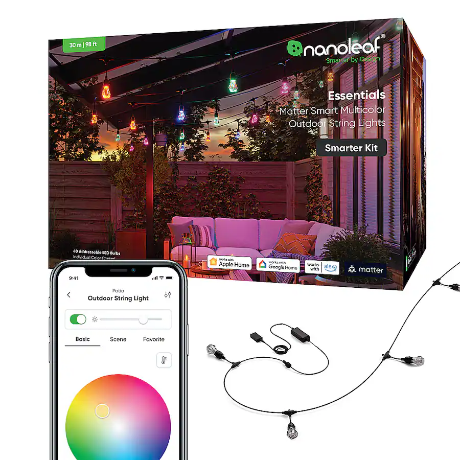 Nanoleaf Essentials Smart Multicolor Outdoor String Lights Smarter Kit - 98 feet