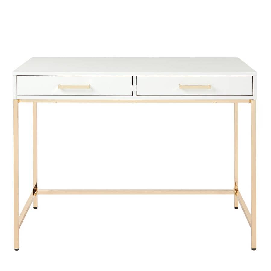 OSP Home Furnishings Alios Desk with White Gloss Finish and Rose Gold Chrome Plated Base