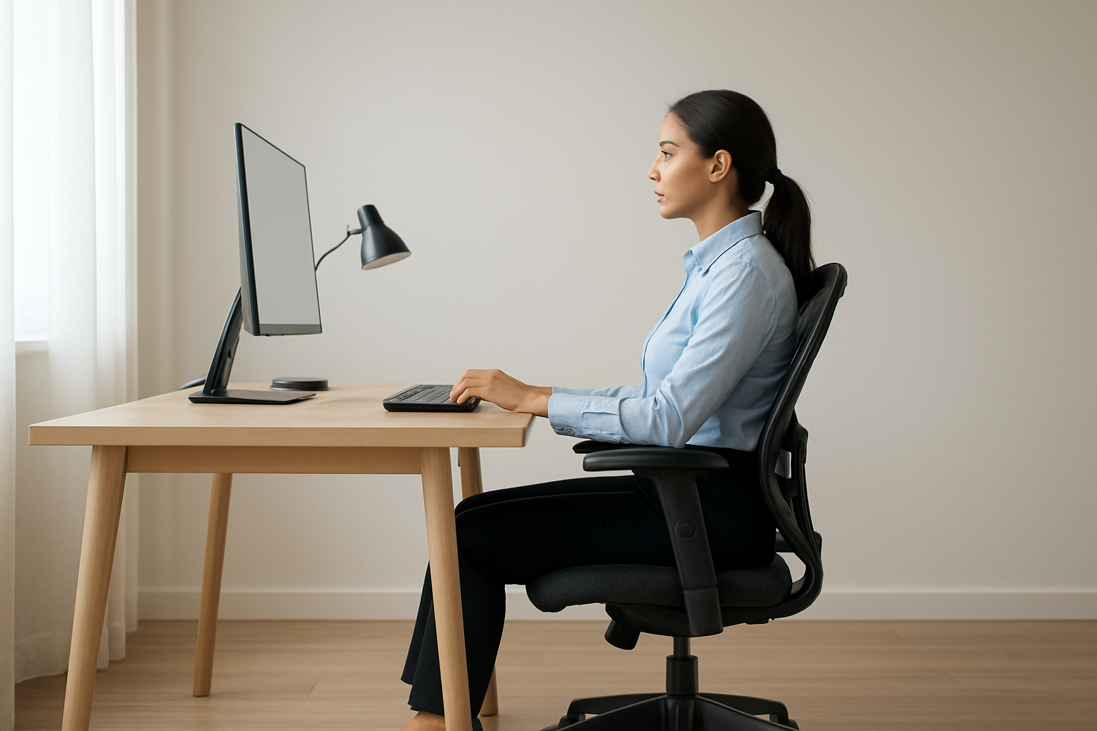 Side profile showing neutral spine at an ergonomic desk with monitor at eye level